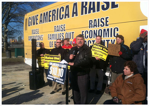 AFL-CIO president Richard Trumka speaks at a rally near the Art Museum in support of raising the minimum wage. In New Jersey, a group launched a website arguing against a higher wage. JANE M. VON BERGEN / Staff