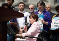 April 9, 2019: Senator Christine Tartaglione joins SEIU at state Capitol rally for better workers' rights.