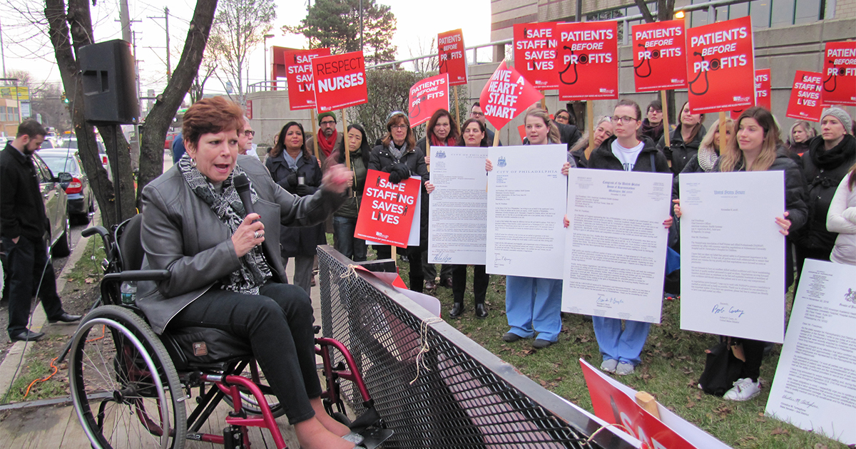 State Sen. Christine M. Tartaglione (D-Philadelphia) joined picket lines today at two Philadelphia hospitals where registered nurses are fighting for a safe staffing commitment and fair compensation from their common employer.